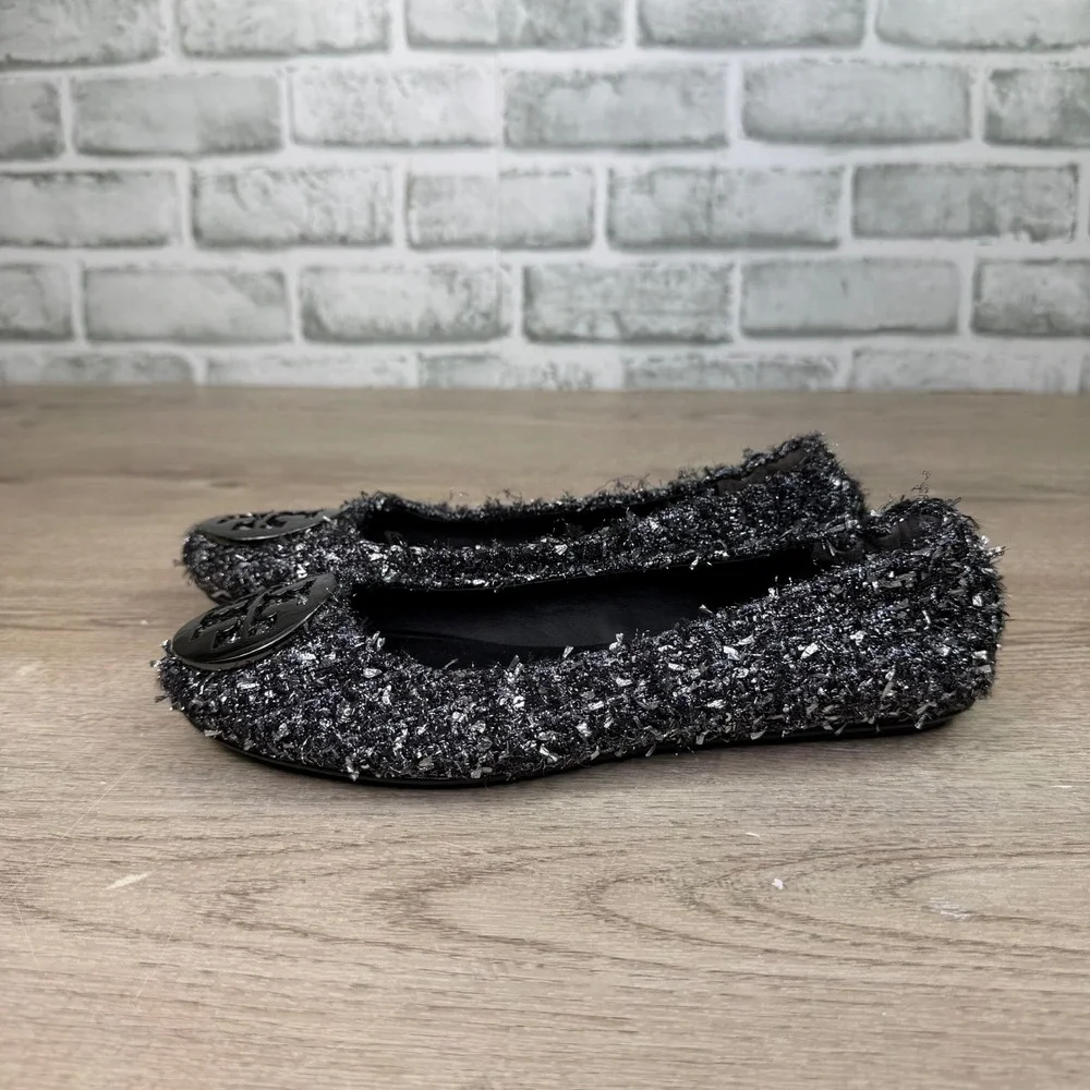 Tory Burch Minnie Travel Ballet Flats Black Silver Metallic Tweed 6M